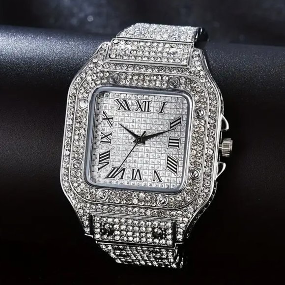 Classic Big Dial Square Cool Hip Hop Style Men's Watch with Stones Silver Tone - Picture 1 of 2